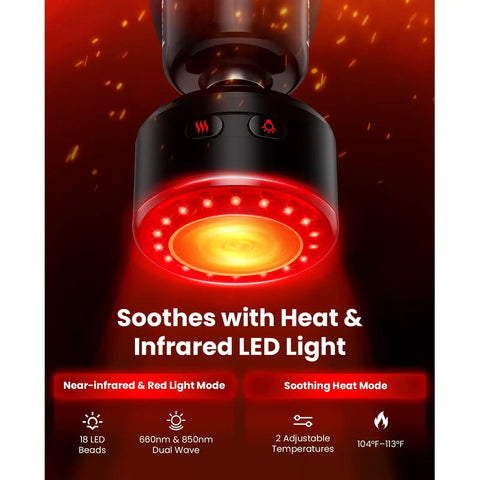 Q2 Ultra Mini Massage Gun With Red Light Infrared Heat Head showing LED lights and heat settings