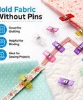 Super Handy 100 Pack Sewing Clips for Quilting and Binding, Colorful Plastic Fabric Clips with Metal Spring, Hemming and Crafting Tools for DIY Projects, Great for Holding Multiple Fabric Layers While You Sew, colorful clips on fabric.