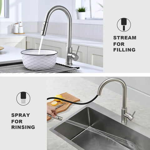 Modern Stainless Steel Kitchen Faucet With Pull Down Sprayer showing filling and rinsing modes