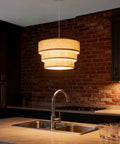 Three Tier Linen Drum Lampshade For E26 Ceiling Pendant Light Modern Hanging Lamp Fixture Beige Fabric Shade Over Kitchen
