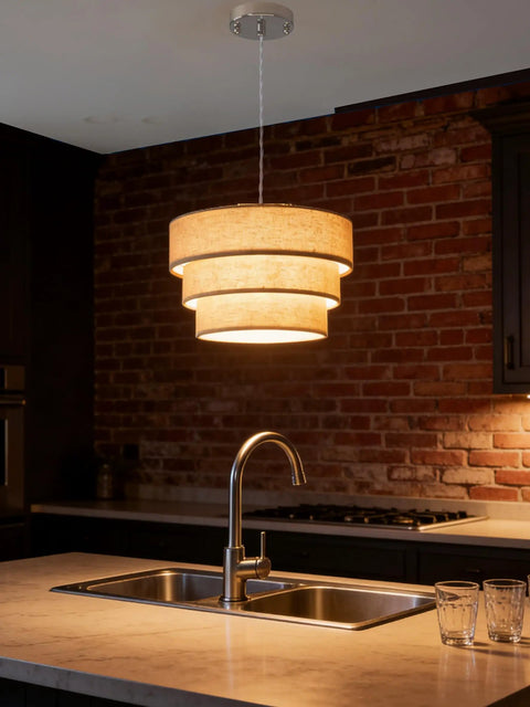 Three Tier Linen Drum Lampshade For E26 Ceiling Pendant Light Modern Hanging Lamp Fixture Beige Fabric Shade Over Kitchen