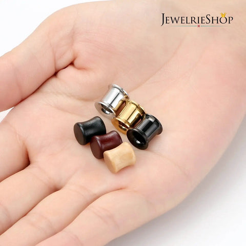 0G Ear Tunnel Plug Set Wood And Stainless Steel Double Flared Saddle Plugs For Piercing And Stretching 6 Pairs 8mm