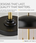 Mid Century Table Lamp With Black Dome Shade And Antique Brass Finish close-up of base and dome design.