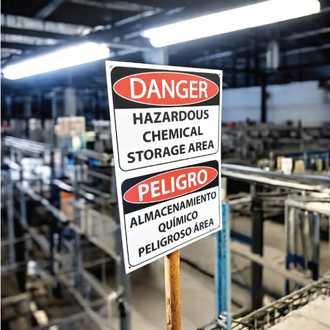 Hazardous Chemical Storage Area Sign Bilingual English Spanish Authorized Personnel Only OSHA 10x14 Inch Tough 80mil Plastic For Cabinets Containers Bins And Fencing, mounted in warehouse