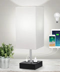 Three Color Temperature USB Table Lamp for Bedroom and Desk, with USB port and AC outlet, white linen shade and metal base.