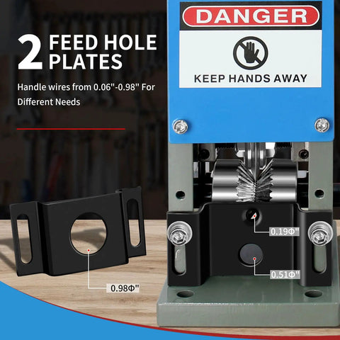 Close-up of Manual Wire Stripping Machine With Dual Blades, showing feed hole plates for wires 0.06 to 0.98 inches.