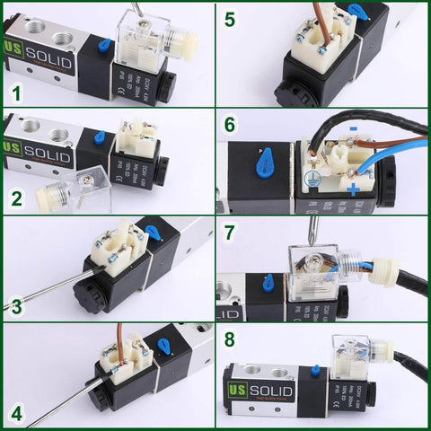 Compact 1/4 Inch NPT 3 Way 2 Position Pneumatic Solenoid Valve DC 12V With Aluminum Body IP65 in various assembly views
