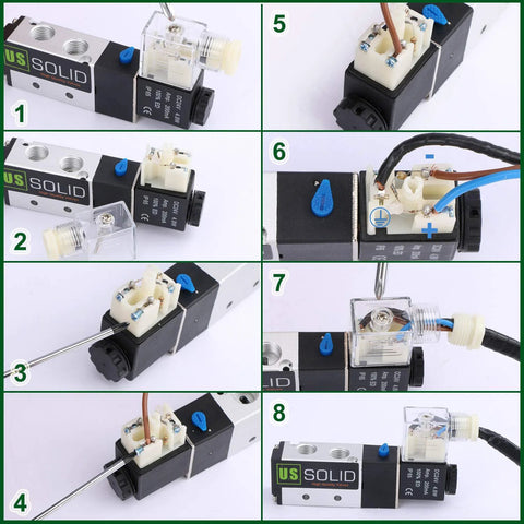 One Quarter Inch NPT 5 Way 2 Position Pneumatic Solenoid Valve DC 12V with multiple views and connections for industrial use.