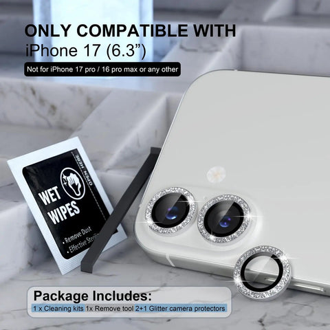 iPhone 17 Camera Lens Protector Bling Kit With 9H Tempered Glass Glitter Ring Decoration displayed with tools and packaging