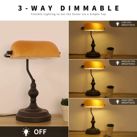 Jade Green Glass Vintage Banker Desk Lamp With Antique Brass Finish on wooden desk, showing three-way dimmable light options.