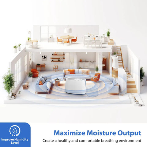 Cross-section of a home showing a Six Pack WF2 Humidifier Filter Replacement Set For Vicks and Honeywell units maximizing moisture output.