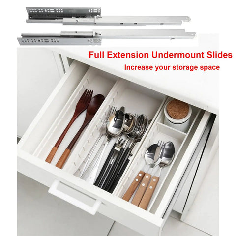 Six Pair Of 22 Inch Undermount Soft Close Drawer Slides Featuring Smooth Operator Glide Mechanics And Heavy Hitter 100 Pound Load Rating For No Sweat Cabinet Upgrades In Any Home Space Today, installed in a kitchen drawer with utensils.