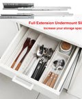 6 Pair 20 Inch Undermount Drawer Slides Featuring Soft Close Function Heavy Duty Quiet Glide Premium Grade Cabinet Hardware Smooth Operator For Kitchen Drawers No Sweat Setup in a drawer with cutlery.