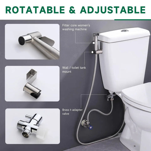 Handheld Bidet Sprayer Must Have With 2 Replacement Filters For Toilet And Feminine Wash Cloth Diaper Washer Stainless Steel Adjustable Water Pressure Four Foot Hose Set In Brushed Nickel attached to toilet display