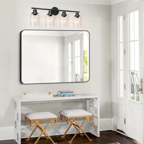 4 Light Vanity Lights Black Wall Sconce With Clear Glass Over Mirror Sleek Dope Modern Bathroom Light Fixture For Living Room Bedroom Hallway E26 Base Bulbs Not Included