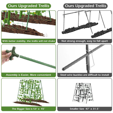 Comparison of Yard-Ready Adjustable A-Frame Garden Trellis for Cucumbers and Other Climbing Plants with different stability features.