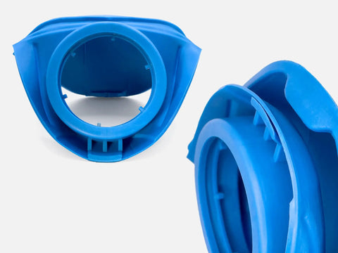 Universal Windshield Washer Fluid Reservoir Cap Replacement with Funnel Mode, blue, for 46-55 mm neck, close-up view.