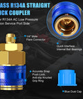 Brass R134A quick coupler with 1/4" male flare, internal ball bearings, snap lock grip, part of Pro Grade AC Charge Hose With Gauge