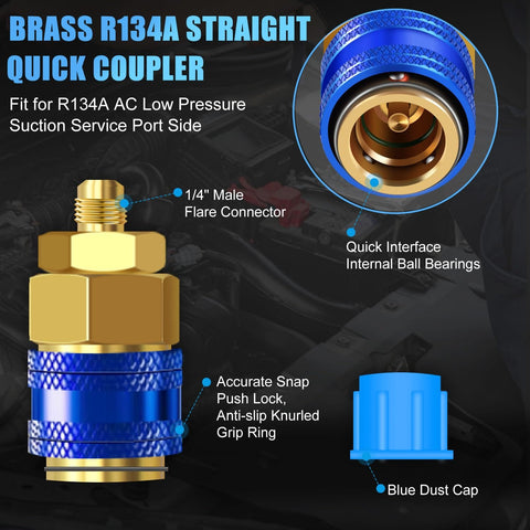 Brass R134A quick coupler with 1/4" male flare, internal ball bearings, snap lock grip, part of Pro Grade AC Charge Hose With Gauge