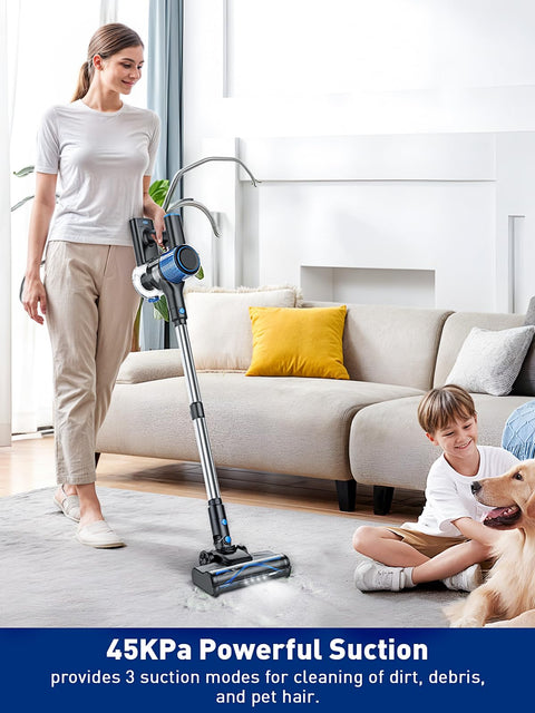 Woman using Cordless Vacuum Cleaner With 8 In 1 Versatility Lightweight Beast Mode Suction For Home on carpet near sofa and child.