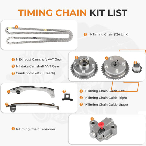 Beefed Up Timing Chain Kit With VVT Sprocket For 2.5L And 2.7L Engines components overview and parts list.