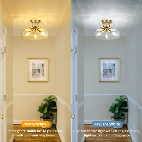 Gold 3 Light Semi Flush Mount Ceiling Light With Drum Glass Shade For Living Room Kitchen Bedroom Hallway Bathroom Laundry E12 Socket Bulbs Not Included shown in warm and daylight settings