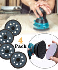 Four Pack 5 Inch 8 Hole Sander Pads With Hook And Loop Backing Plates Compatible With Makita DeWalt Porter Cable Hitachi shown