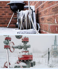Outdoor pipes and irrigation lines covered in snow, showing the need for 8 Pcs Self Adhering Pipe Insulation Foam Tubes For Winter Weather.