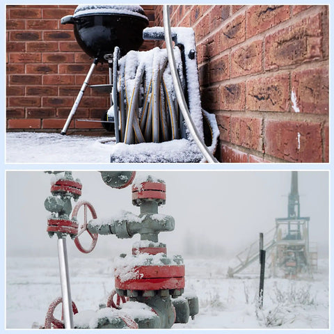 Outdoor pipes and irrigation lines covered in snow, showing the need for 8 Pcs Self Adhering Pipe Insulation Foam Tubes For Winter Weather.