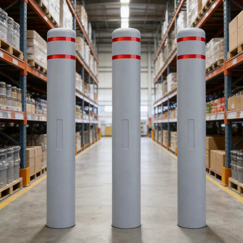 Built Like A Tank Hdpe Bollard Cover 5 X 46 Inch Grey Push On Post Sleeve With Two Add On Reflective Collars in warehouse.