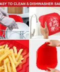 Collage of Two Pack Silicone Air Fryer Liners For Three To Five Quart Baskets Red color in dishwasher, holding, with fries, and empty view.