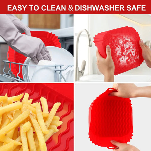 Collage of Two Pack Silicone Air Fryer Liners For Three To Five Quart Baskets Red color in dishwasher, holding, with fries, and empty view.