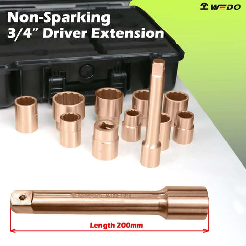 Heavy Duty Badass Non Sparking Beryllium Copper 3/4 Inch Drive Socket Set 14 Piece Kit With Ratchet Wrench Sliding T Handle And Extension Bar Packed In A Rugged Case For Oil Field Work including 3/4" driver extension.