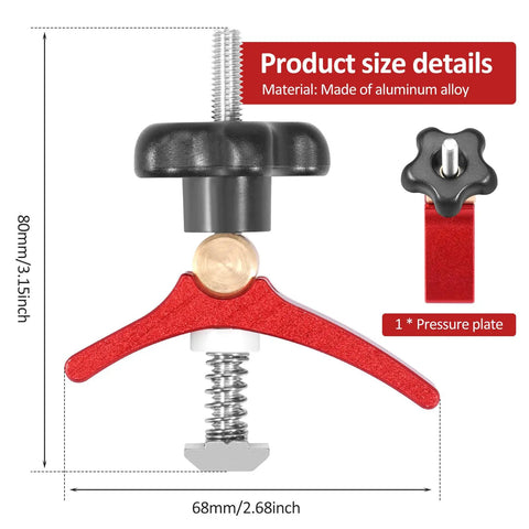 T Track Hold Down Clamps Kit 2.68 Inch Long Heavy Duty Aluminum Red, showing size details and material composition for CNC Machines.