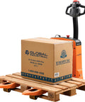 Heavy Duty Four Thousand Lb Self Propelled Electric Pallet Jack With 27 By 45 Inch Stainless Forks and Polyurethane Wheels transporting a box on a wooden pallet.