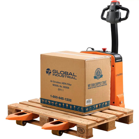 Heavy Duty Four Thousand Lb Self Propelled Electric Pallet Jack With 27 By 45 Inch Stainless Forks and Polyurethane Wheels transporting a box on a wooden pallet.