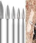 Five steel wood carving drill bits with 1/8-inch shanks, front view, diamond-shaped engraving tips for woodwork.