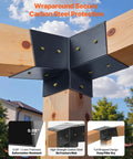 Killer Quality Carbon Steel Pergola Brackets Made To Fit 4x4 Wood Posts Like A Champ With Solid 3 Way Slanted Hardware Plus Rugged Screws And Base Plates For Backyard Deck Builds, focusing on wraparound design.