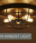 Industrial Farmhouse 18 Inch Five Light Cage Flush Mount Ceiling Light with oil rubbed bronze and antique brass sockets.