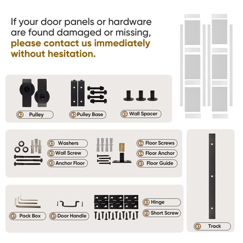 Diagram of Space Saving Bifold Barn Door Kit With Sliding Hardware For Closet, showing screws, pulleys, hinges, and track components.