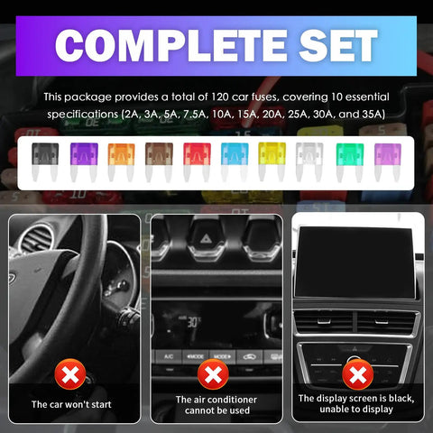 Hella Durable 120 Piece Blade Fuse Assortment Kit With Built In Tester And Heavy Duty Puller For Fast Auto Electrical Fixes Universal Ride Maintenance Gear Head Essentials showing a complete set of fuses and dashboard issues.