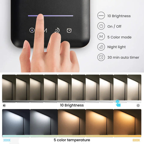 Close-up of Wireless Charging Desk Lamp With Night Light showing touch control interface and brightness, color modes chart.