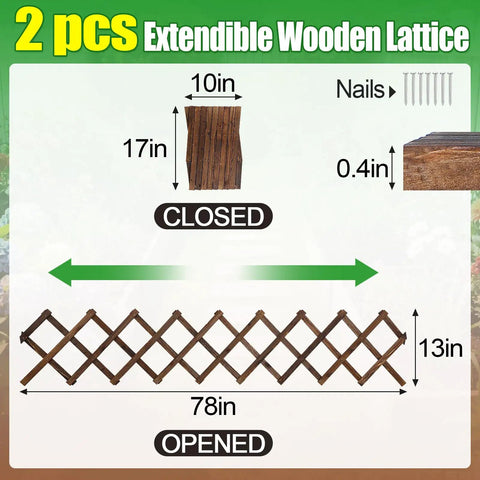 Expandable Wood Wall Trellis for Climbing Plants Outdoor 2-Pack Adjustable Lattice Panels, size 17x10 in to 78x13 in closed and opened view.