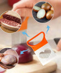 Luomorgo stainless steel crinkle cutter with orange handle, front view, for slicing vegetables and fries