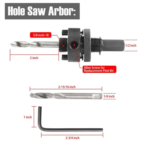 Side view of 7/16 in shank hole saw arbor with quick-change mandrel, four pilot bits, and Allen wrench