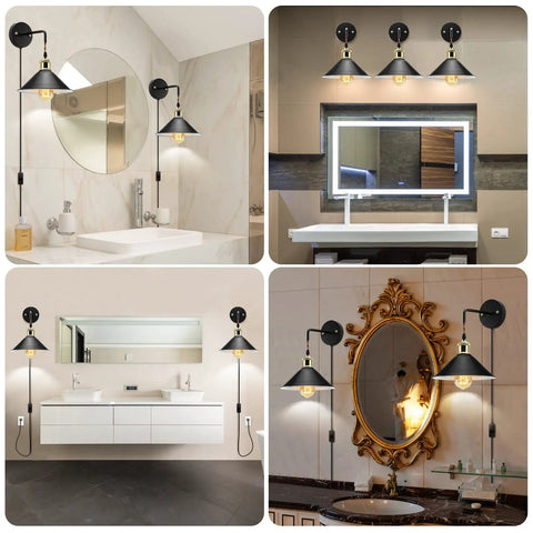 Collage of four bathrooms featuring Plug In Wall Sconces Set Of Two Black Modern Wall Lights With Cord E26 Base Compatible Up To 60W Bulbs Not Included Vintage Style Sconce Lamps For Living Room Bedroom Hallway Easy Install, installed above mirrors in various decor styles.