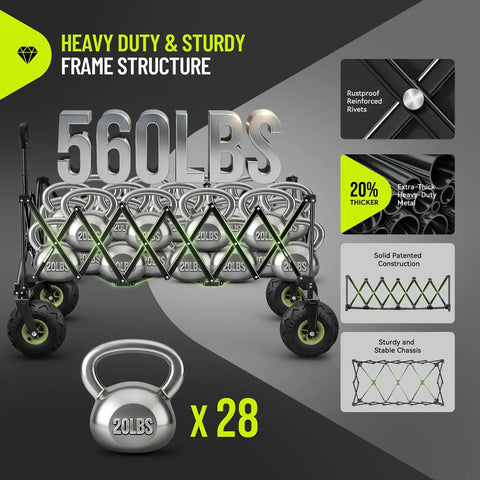 Massive 400L Collapsible Beach Wagon With 10 Inch Balloon Wheels For Sand, 54 Inch Long Extra Large Cart, Foldable With All Terrain Tires, 560Lb Heavy Duty Outdoor Utility Wagon, Black, featuring heavy duty frame and 560 lbs capacity, with 20% thicker metal and reinforced rivets.