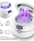 Retainer Cleaner Machine For Dentures And More Like Mouth Guards Braces Toothbrush Heads And Jewelry With 220ml Tank UV Light Digital Timer Two Cleaning Modes No Fuss Ultrasonic Scrub For All Dental Appliances White, white ultrasonic cleaner with open lid and digital display