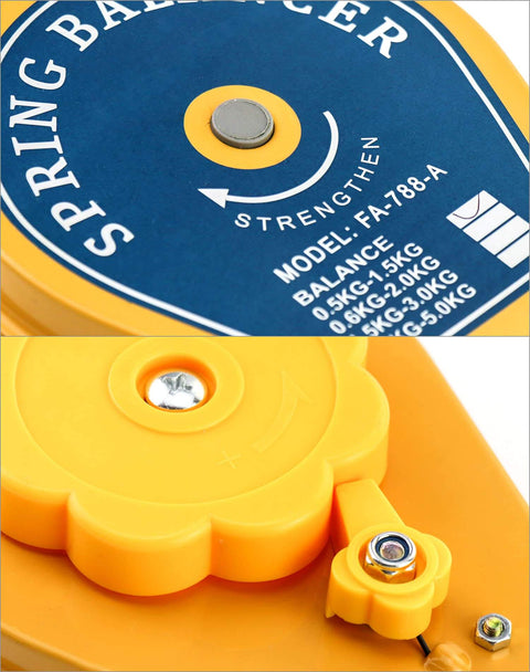 Close-up of Heavy Duty Spring Balancer for Assembly Lines, Retractable Tool Fixture Holder with solid iron case details