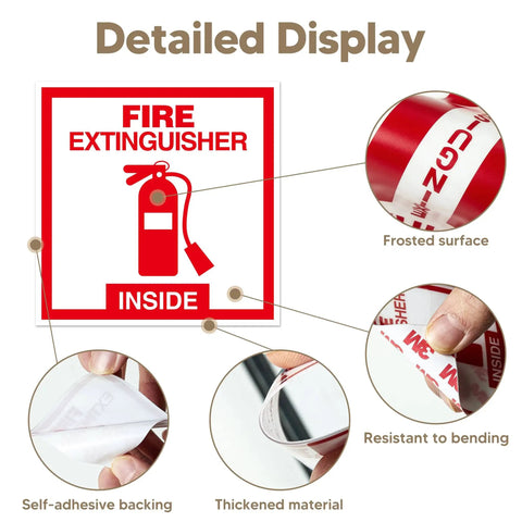 Two Pack Fire Extinguisher Inside Sign Stickers, Self Adhesive Vinyl Safety Labels detail features, waterproof and durable
